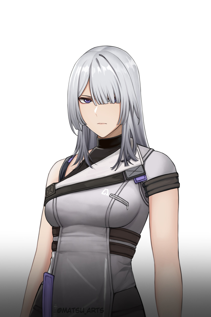 1girl, absurdres, ak-15_(girls'_frontline), alternate_costume, artist_name, breasts, closed_mouth, commentary, english_commentary, girls'_frontline_2:_exilium, girls_frontline, grey_hair, hair_over_one_eye, highres, long_hair, looking_at_viewer, matsu_arts, simple_background, solo, twitter_username, upper_body, violet_eyes, white_background