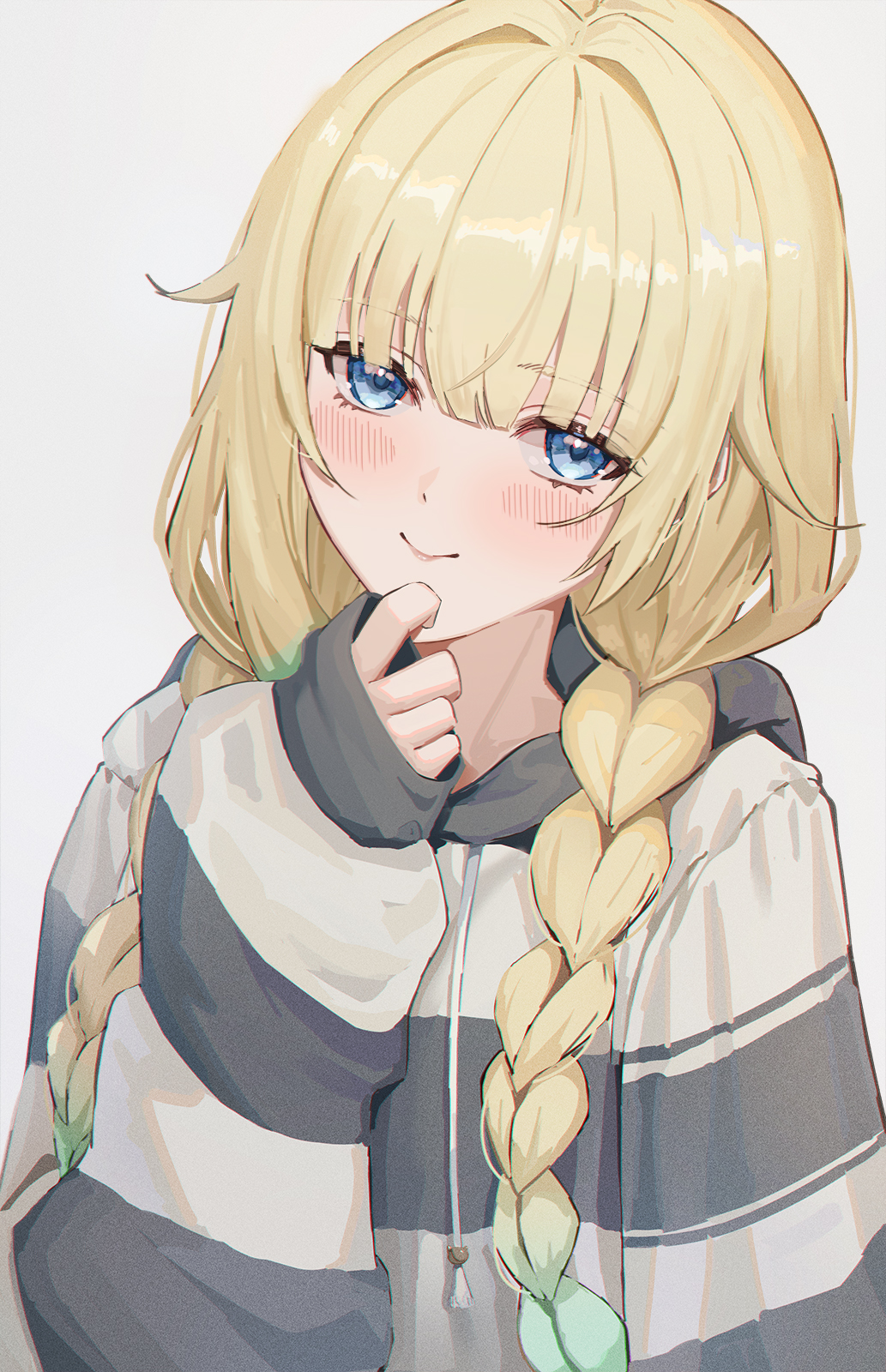 1girl, aizawa_ema, aizawa_ema_(4th_costume), blonde_hair, blue_eyes, blunt_bangs, blush, braid, gradient_hair, green_hair, grey_hoodie, hair_flaps, hair_intakes, hand_on_own_chin, hashtag-only_commentary, highres, hood, hoodie, horizontal-striped_hoodie, looking_at_viewer, low_twin_braids, mawarru, multicolored_hair, sidelocks, sleeves_past_wrists, smile, solo, twin_braids, twintails, virtual_youtuber, vspo!, white_hoodie