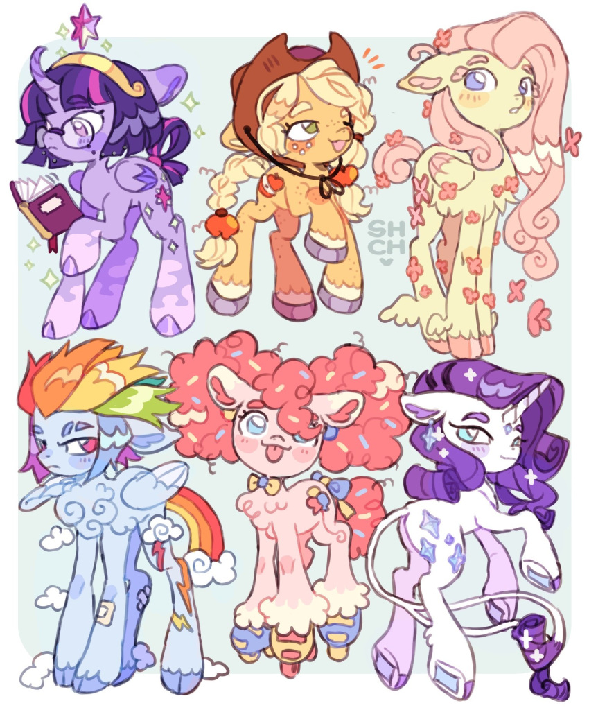 apple_hair_ornament, applejack, blonde_hair, blue_background, blue_eyes, blue_skin, book, border
