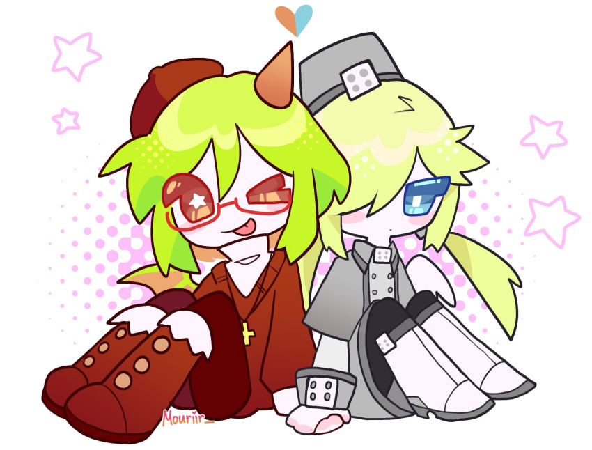 >_o, 2girls, beret, black_thighhighs, blonde_hair, blue_eyes, blush_stickers, boots