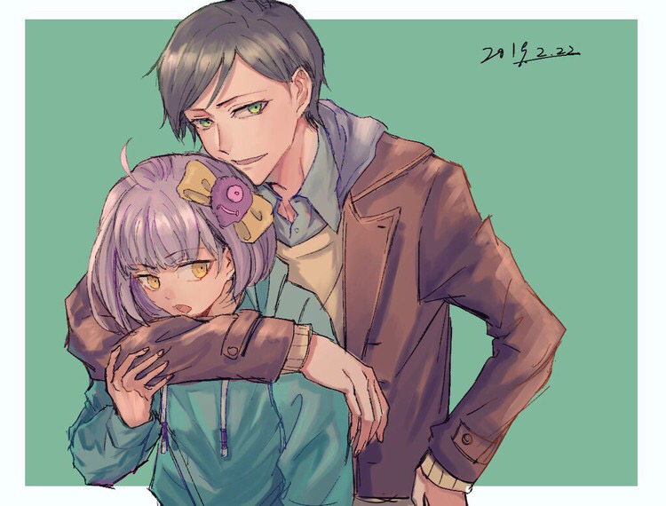 1boy, 1girl, arm_around_neck, border, bow, brown_jacket, commentary_request, dated