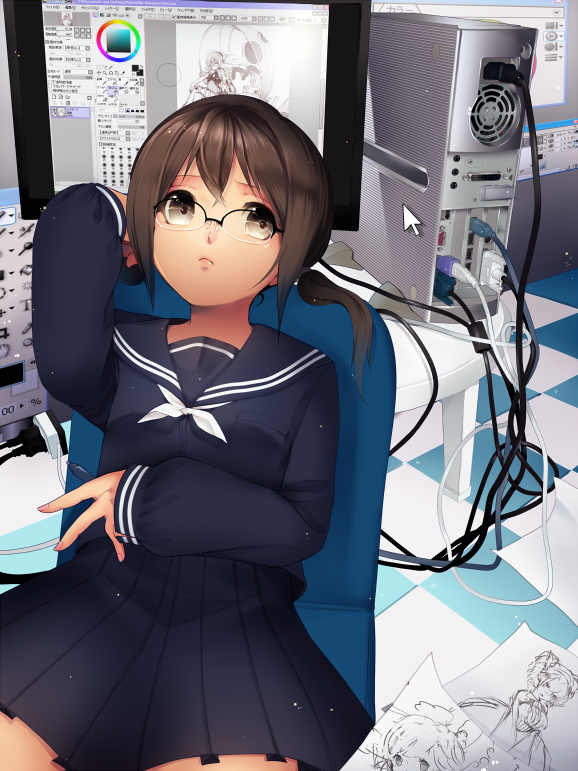 brown_eyes, brown_hair, computer, fourth_wall, glasses, momoshiki, momoshiki_tsubaki, original, ponytail, school_uniform, serafuku, sitting, solo
