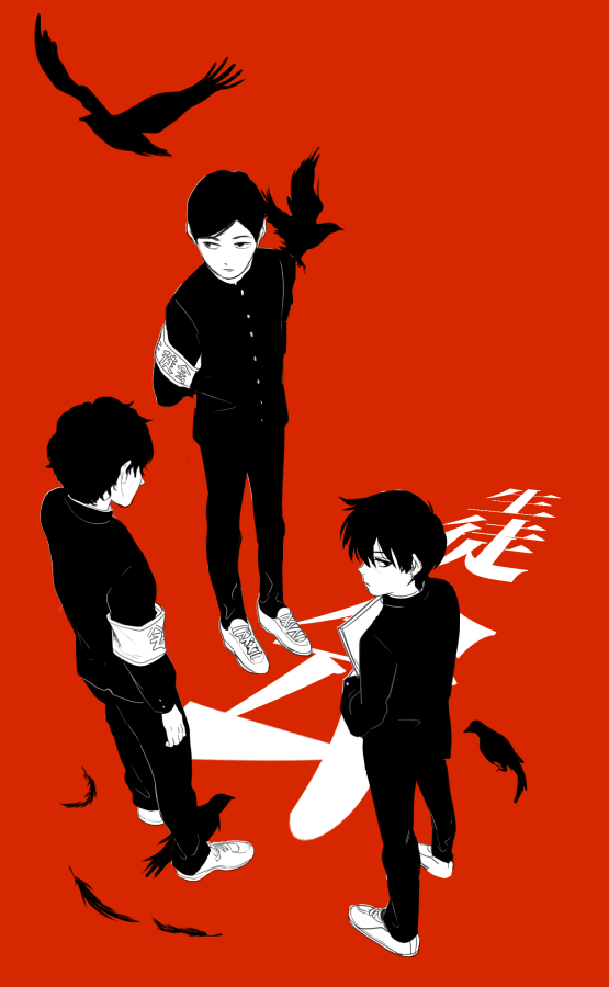 3boys, armband, arms_behind_back, bird, book, buttons, character_request, collared_jacket