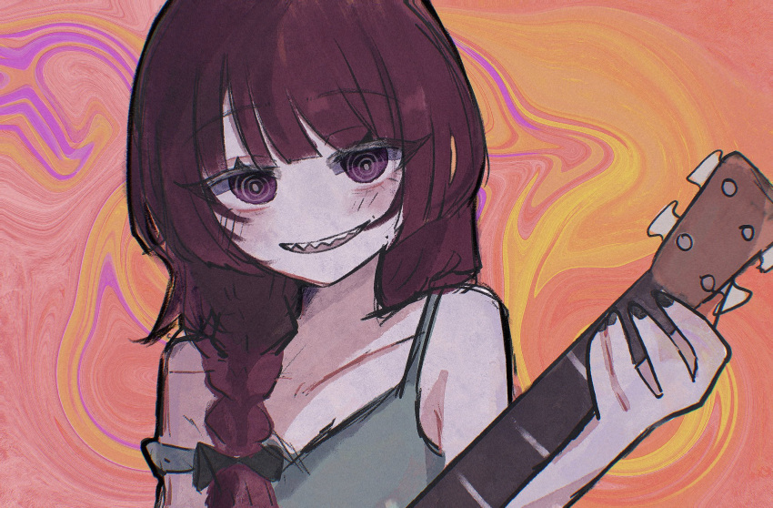 1girl, 773owo, bare_shoulders, bass_guitar, black_bow, black_eyes, blunt_bangs, blush, bocchi_the_rock!, bow, braid, braided_ponytail, camisole, flat_chest, grey_camisole, hair_bow, hair_over_shoulder, highres, hiroi_kikuri, holding, holding_bass_guitar, holding_instrument, instrument, long_hair, open_mouth, purple_hair, smile, solo, spaghetti_strap, strap_slip, teeth, upper_teeth_only