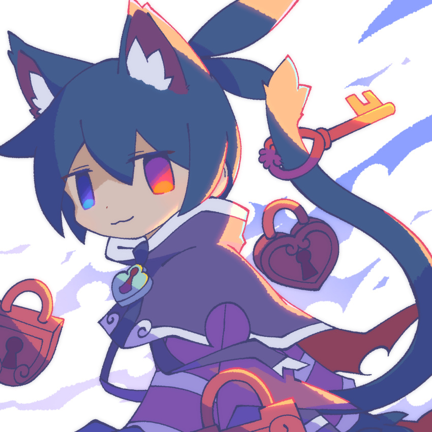 1boy, :3, animal_ears, antenna_hair, black_capelet, black_hair, black_sig, blue_eyes, brooch, capelet, cat_boy, cat_ears, cat_tail, closed_mouth, deformed, dot_nose, heart, heart-shaped_lock, heart_brooch, heterochromia, highres, jewelry, jitome, kemonomimi_mode, key, looking_at_viewer, looking_to_the_side, male_focus, no_sclera, official_alternate_costume, purple_robe, puyopuyo, puyopuyo_quest, red_eyes, robe, short_hair, sidelighting, sig_(puyopuyo), solo, standing, tail, upper_body, white_background, white_trim, yuzuhamaru