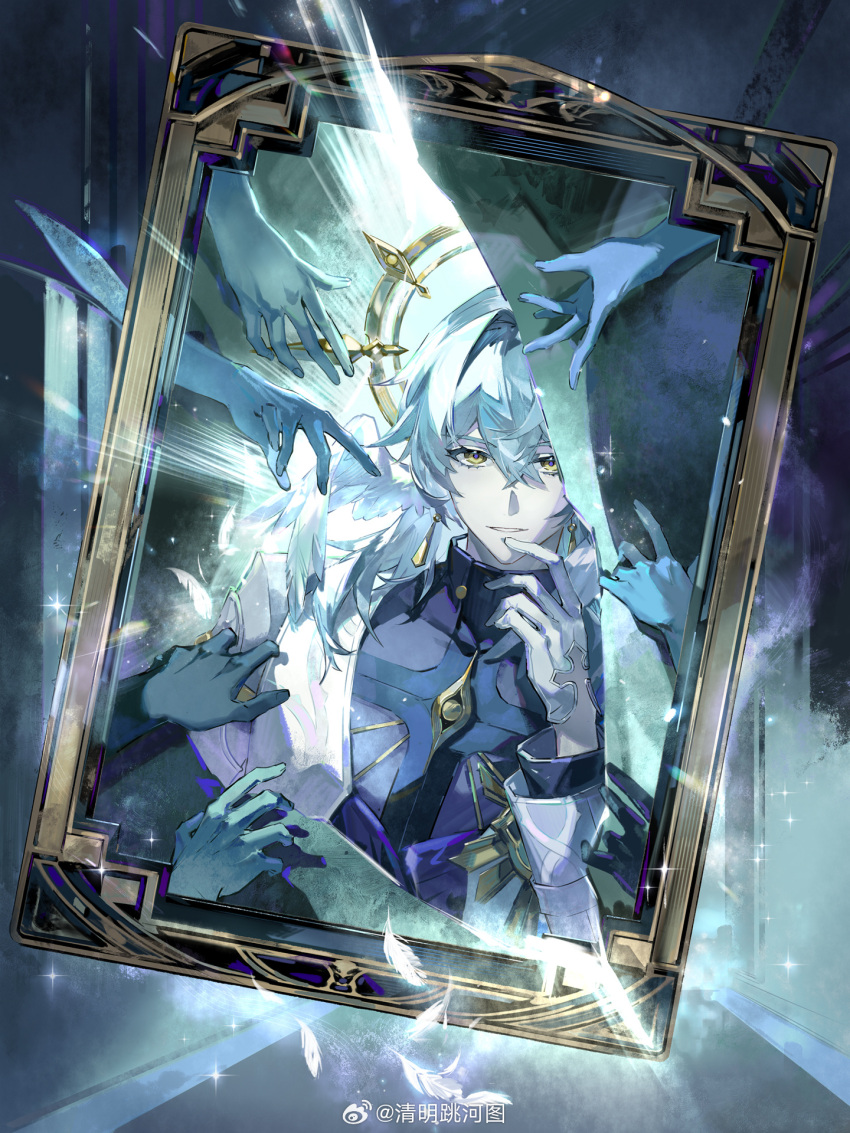 1boy, blue_pupils, chinese_commentary, coat, commentary_request, drawing_(object), earrings, eye_symbol