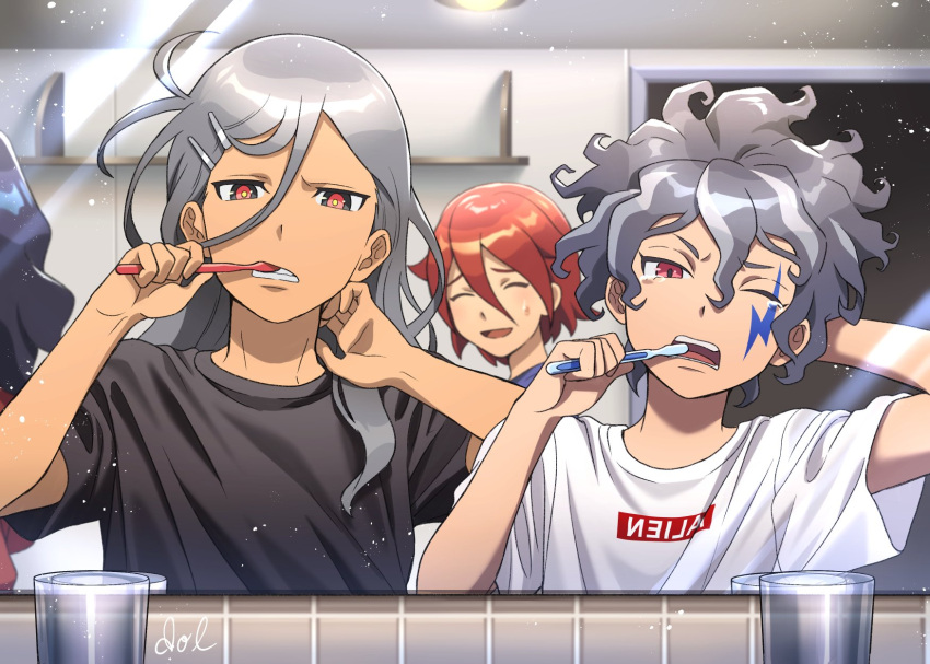 3boys, bathroom, black_eyes, brushing_teeth, closed_eyes, dolustoy, grey_hair, haizaki_ryouhei