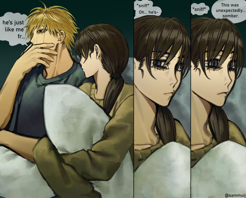 1boy, 1girl, black_hair, blonde_hair, blue_shirt, brown_sweater, chainsaw_man, crying
