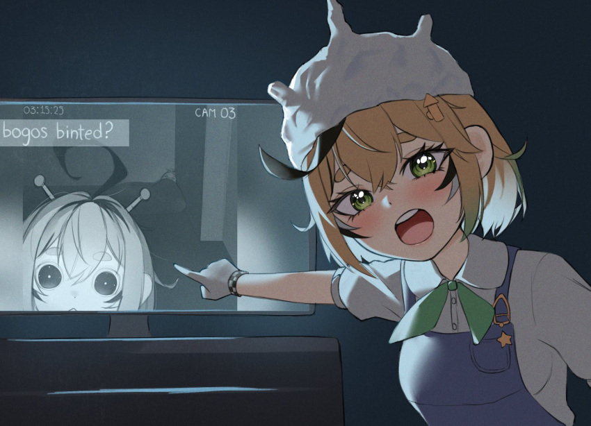 1girl, alien, antennae, black_hair, blonde_hair, blue_overalls, dooby_(vtuber), gloves