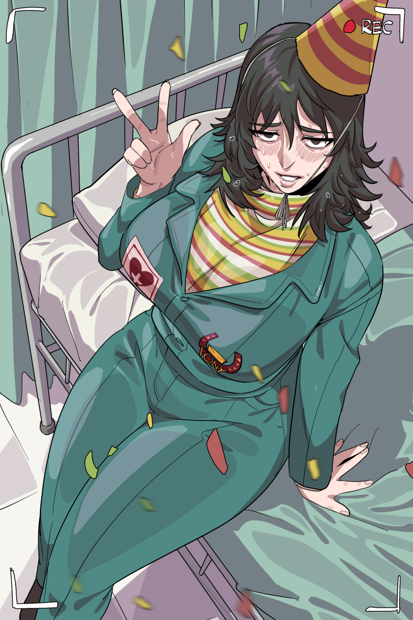 1girl, absurdres, anya_(mouthwashing), black_eyes, black_hair, english_commentary, hat, heart, heart_print, highres, horseshoe_print, jerukperaz, medium_hair, mouthwashing, on_bed, party_hat, recording, sitting, solo, sweat, v