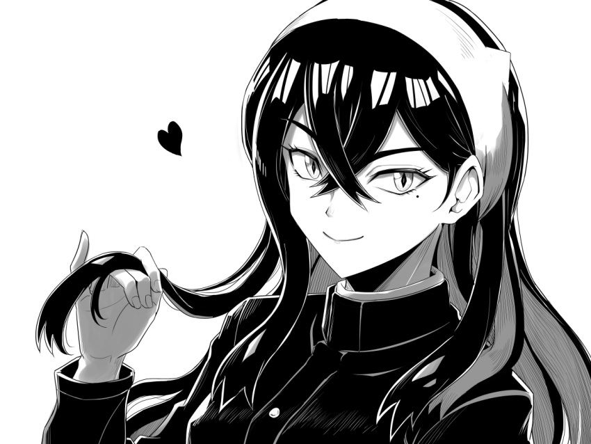1girl, carmine_(pokemon), crossed_bangs, greyscale, hair_between_eyes, hairband, heart, holding, holding_own_hair, long_hair, long_sleeves, looking_at_viewer, mamiya_myanmar, mole, mole_under_eye, monochrome, pokemon, pokemon_sv, smile, solo, upper_body
