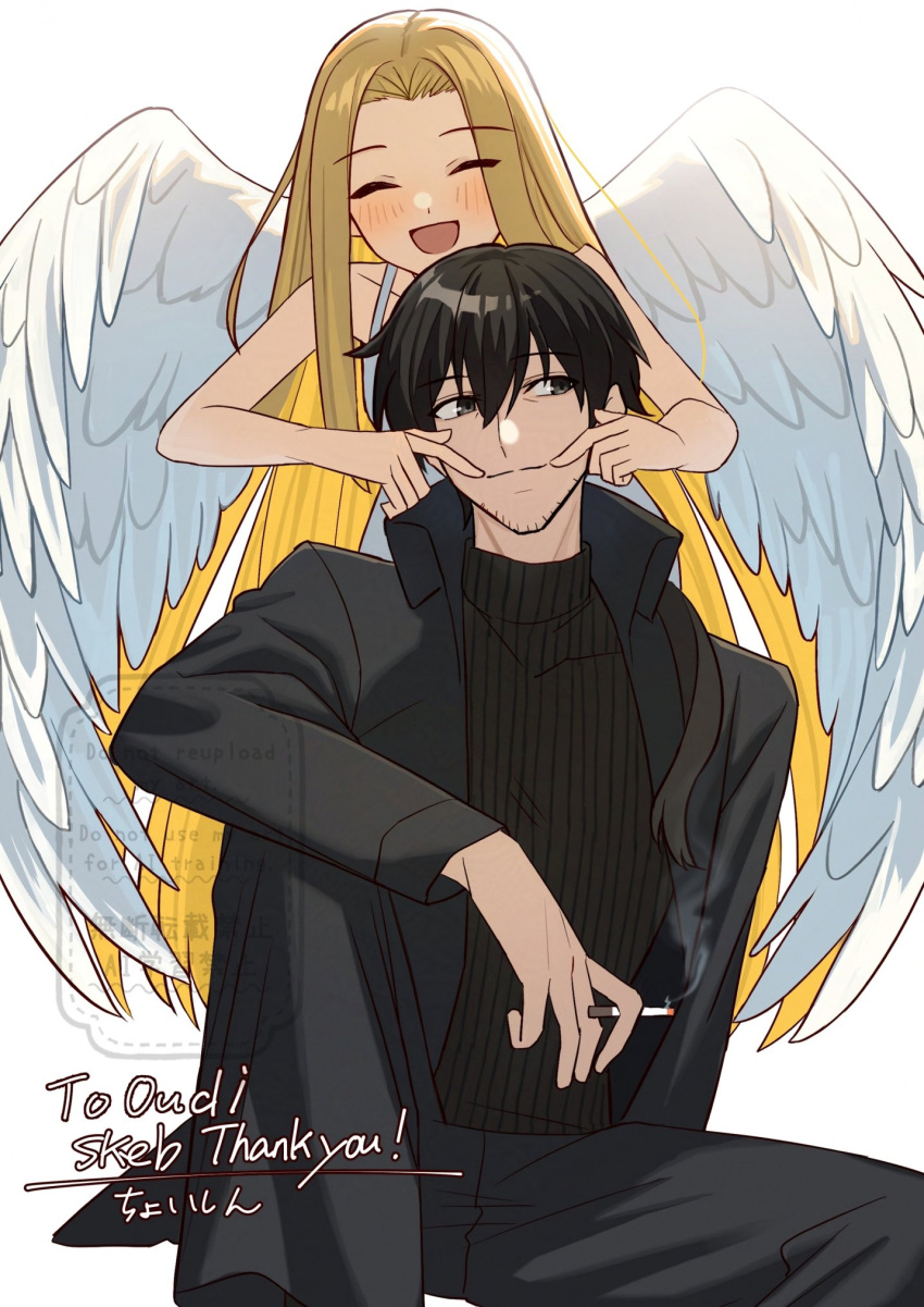 1boy, 1girl, angel_notes, black_choker, black_eyes, black_hair, black_shirt, blonde_hair, blush, choker, cigarette, closed_eyes, collarbone, dress, feathered_wings, gun_god, highres, holding, holding_cigarette, long_hair, shintyoi2, shirt, short_hair, signature, v/v, white_dress, wings