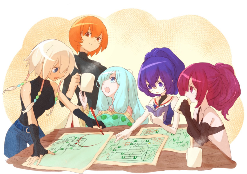 5girls, beads, blue_eyes, blue_hair, cup, fingerless_gloves, fortress_(sekaiju), fortress_4_(sekaiju)