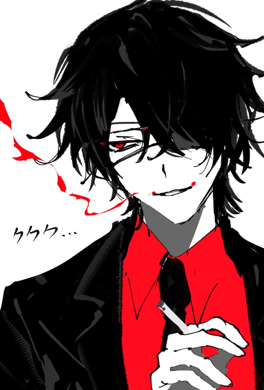 1boy, black_hair, black_necktie, cigarette, collared_shirt, eyepatch, highres, holding