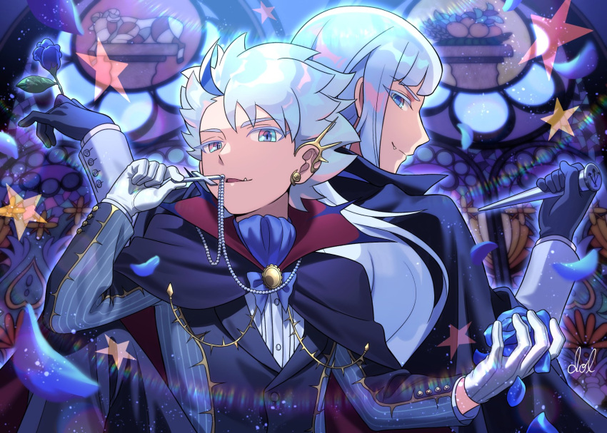 2boys, bernard_girikanan, black_cape, black_gloves, blue_eyes, blue_flower, blue_hair, blue_petals