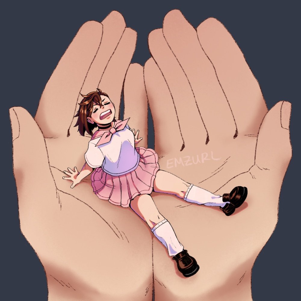 1girl, 1other, arm_support, artist_name, ayase_momo, black_choker, blush, brown_footwear, brown_hair, choker, closed_eyes, dandadan, emzurl, english_commentary, full_body, hair_between_eyes, in_palm, mini_person, minigirl, miniskirt, neckerchief, open_mouth, pink_neckerchief, pink_skirt, pleated_skirt, pov, pov_hands, school_uniform, serafuku, shirt, shoes, short_hair, short_sleeves, sitting, size_difference, skirt, socks, teeth, upper_teeth_only, white_shirt, white_socks