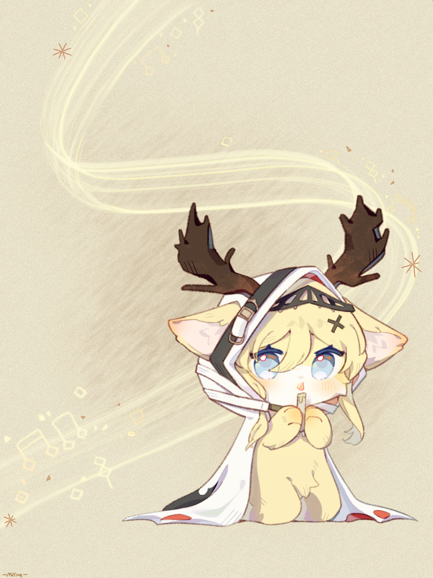 animalization, antlers, arknights, blue_eyes, chinese_commentary, commentary_request, ears_through_headwear, highres