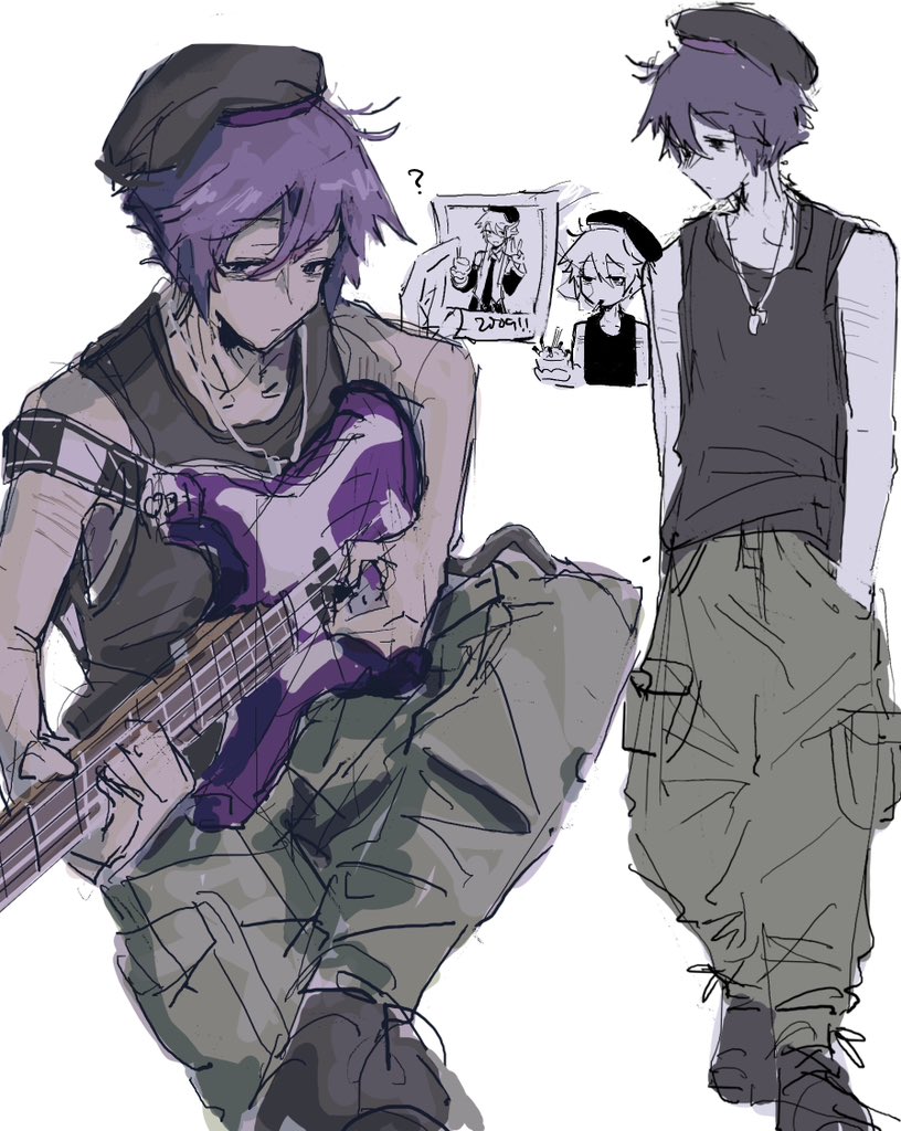 1girl, alternate_costume, beret, black_tank_top, boots, cargo_pants, casual, guitar, hat, instrument, kitsu_nemuru, pants, purple_hair, short_hair, tank_top, utane_uta, utau, violet_eyes