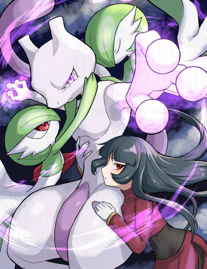 1boy, 3girls, absurdres, amakusa_setoka, animal_hands, arms_up, aura, black_hair