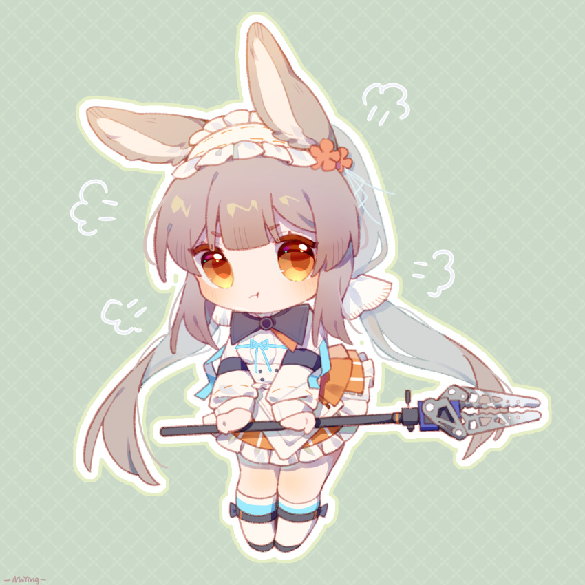 1girl, :t, animal_ears, arknights, chibi, chinese_commentary, closed_mouth, commentary_request