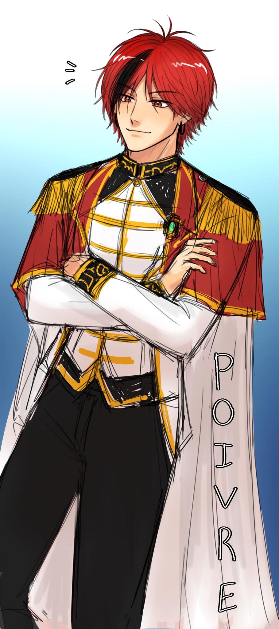 1boy, black_pants, blue_background, cape, character_name, closed_mouth, commentary, crossed_arms