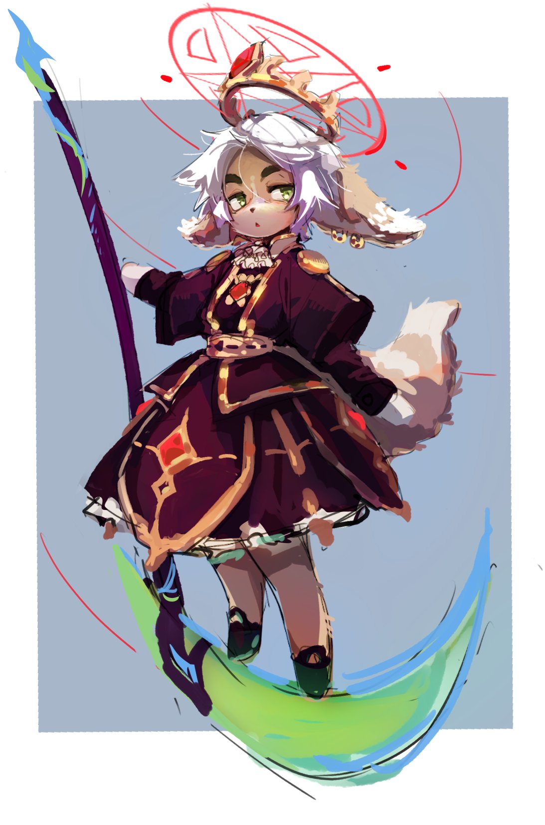 1girl, :o, ascot, atlyss, black_footwear, border, brown_dress, brown_fur, commentary, dress, earrings, english_commentary, floating, floating_crown, furry, furry_female, gem, green_eyes, grey_background, halo, highres, jewelry, looking_at_viewer, medium_hair, multicolored_fur, pentagram, pinya_(ppyniya), player_character_(atlyss), poon_(atlyss), red_gemstone, red_halo, scythe, simple_background, solo, tail, thick_eyebrows, white_border, white_fur, white_hair