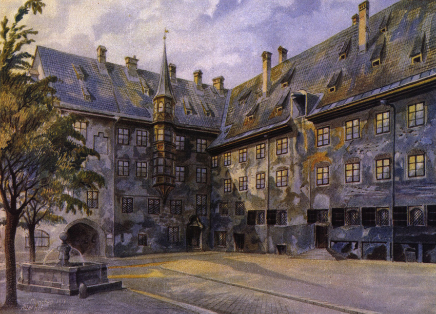1914, adolf_hitler_(artist), chimney, clouds, cloudy_sky, commentary, courtyard, day, door, fountain, german_commentary, german_text, highres, no_humans, outdoors, painting_(medium), pavement, real_life, rooftop, sky, stairs, stone_floor, tile_roof, traditional_media, tree, watercolor_(medium), window