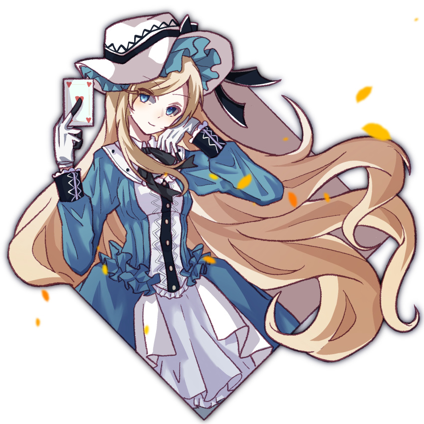 1girl, ace_(playing_card), alice_(arcaea), arcaea, blonde_hair, blue_dress, blue_eyes, card