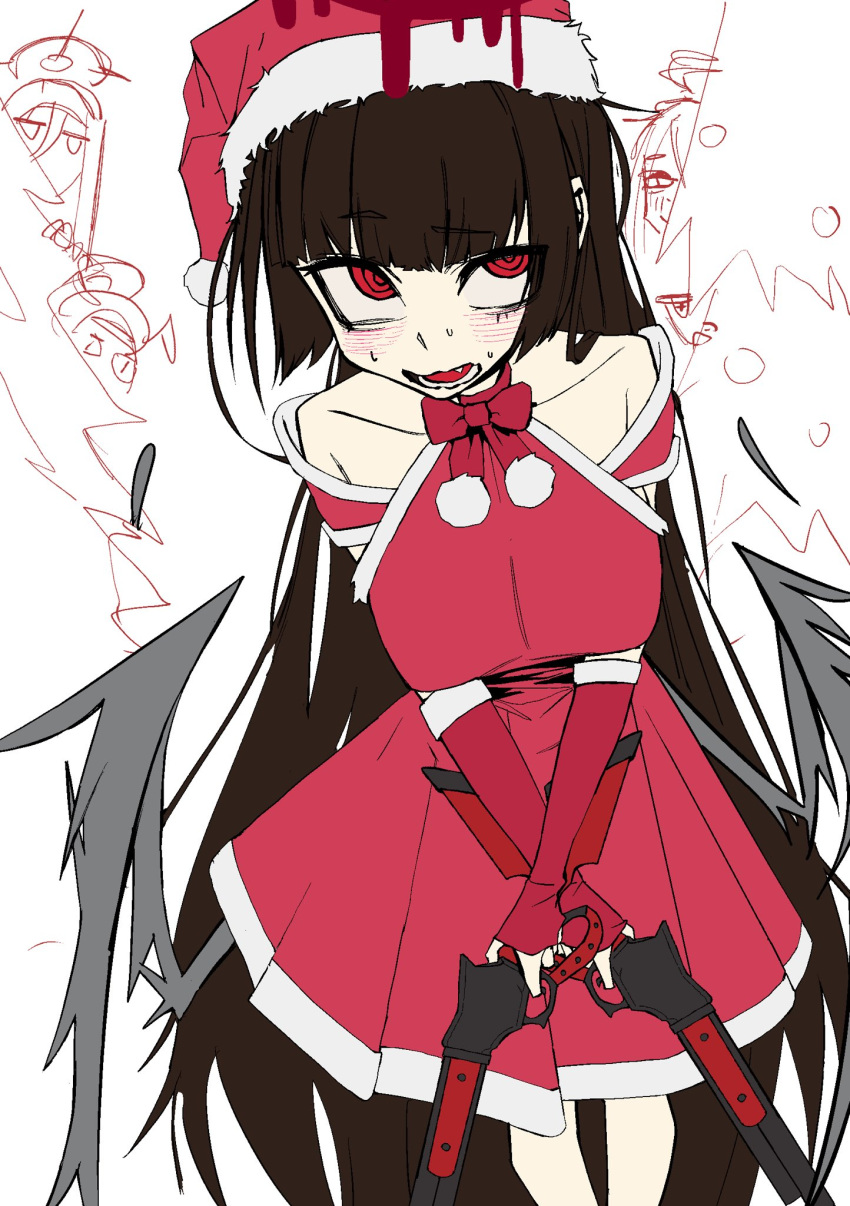 black_hair, black_wings, blood, blood_halo, blue_archive, bow, breasts, christmas