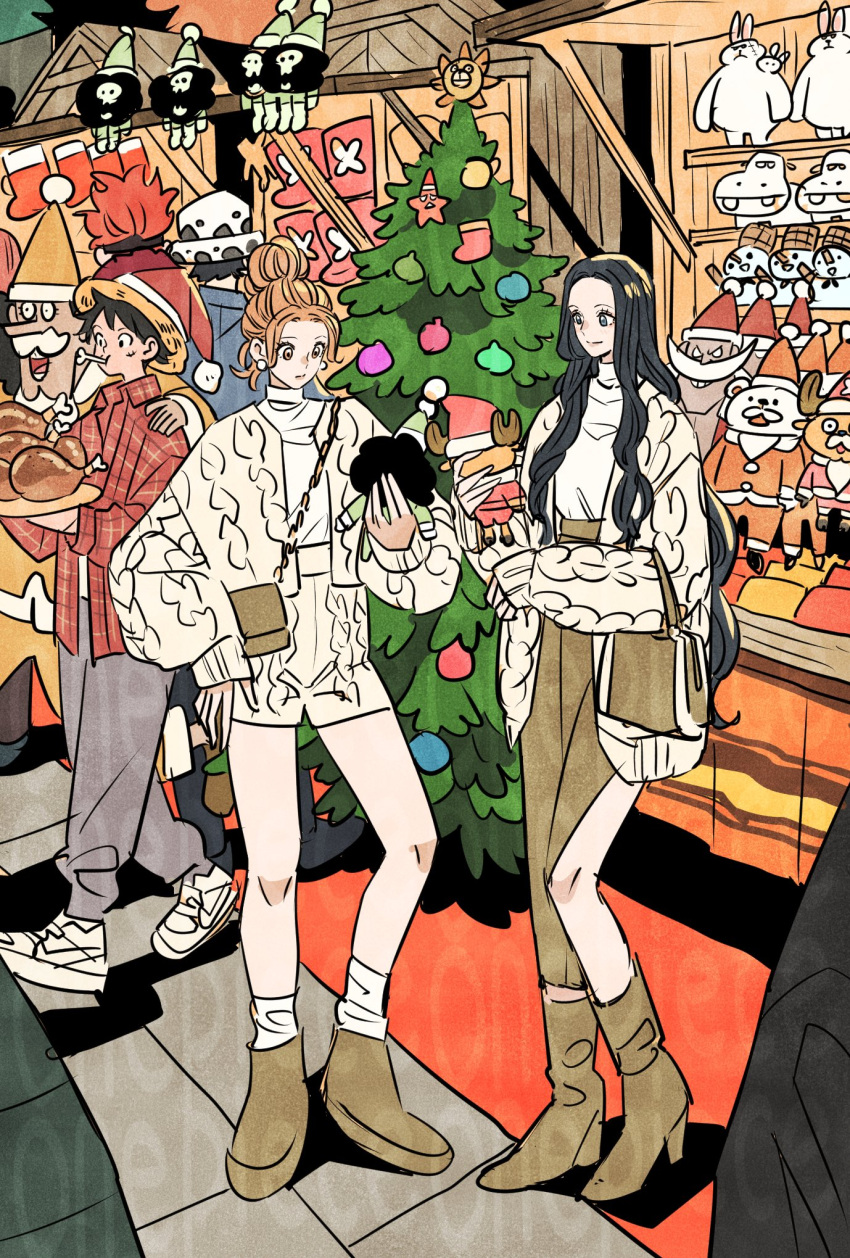 antlers, baby_lapahn, bepo, black_hair, blush, boots, brook_(one_piece), chicken_(food)