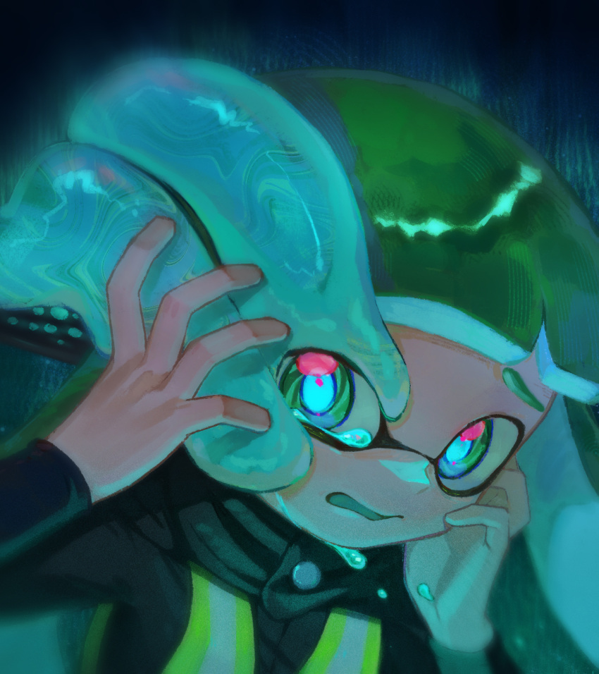 1girl, agent_3_(splatoon), black_background, black_shirt, blue_pupils, blunt_bangs, blurry, colored_tongue