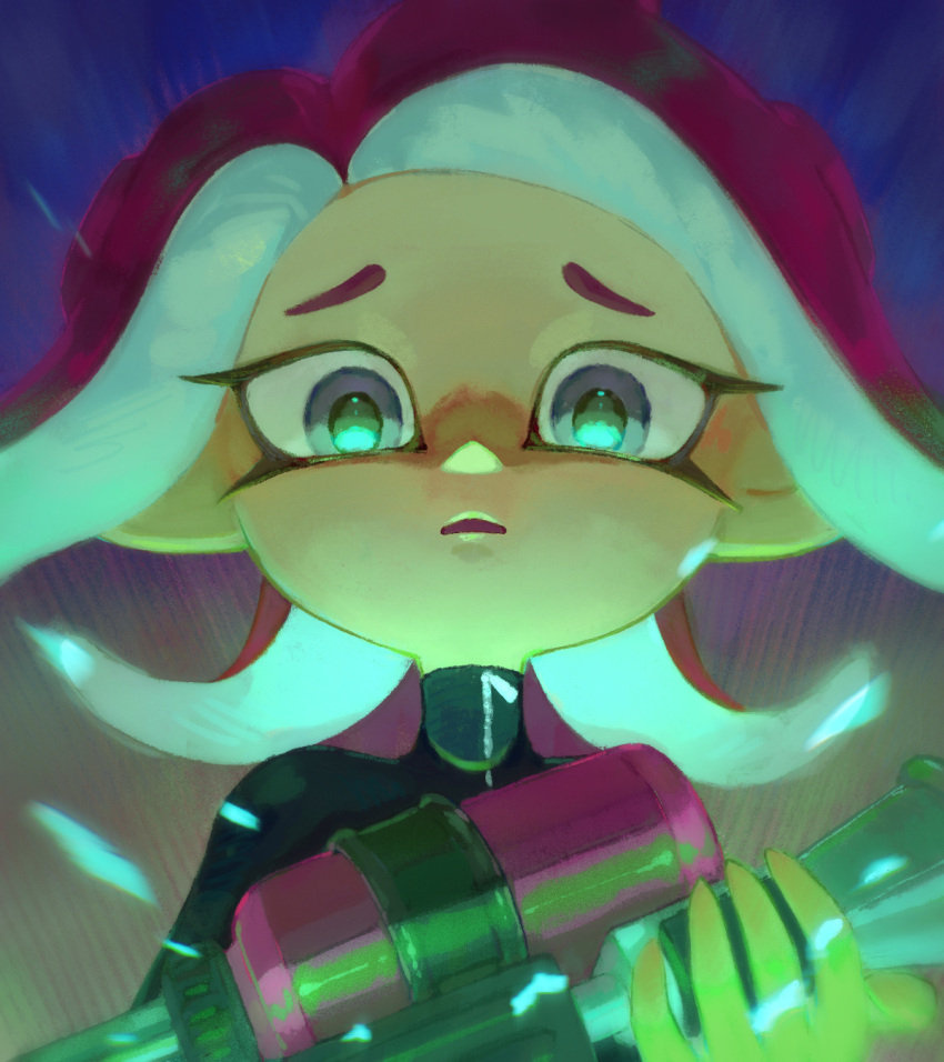 1girl, agent_8_(splatoon), black_shirt, blue_eyes, blurry, depth_of_field, dmwggg, downturned_eyes
