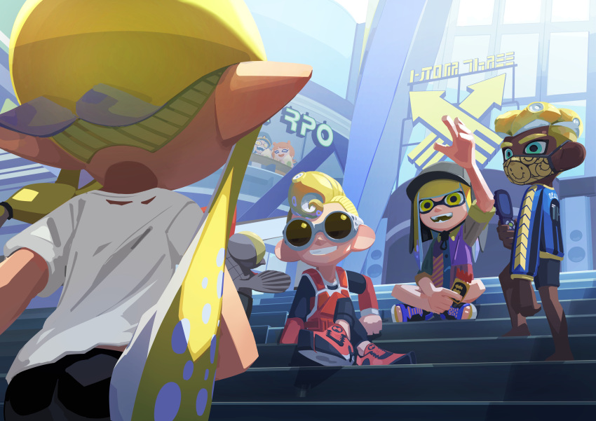1boy, 2girls, 3others, :d, absurdres, aqua_eyes, asymmetrical_hair, baseball_cap