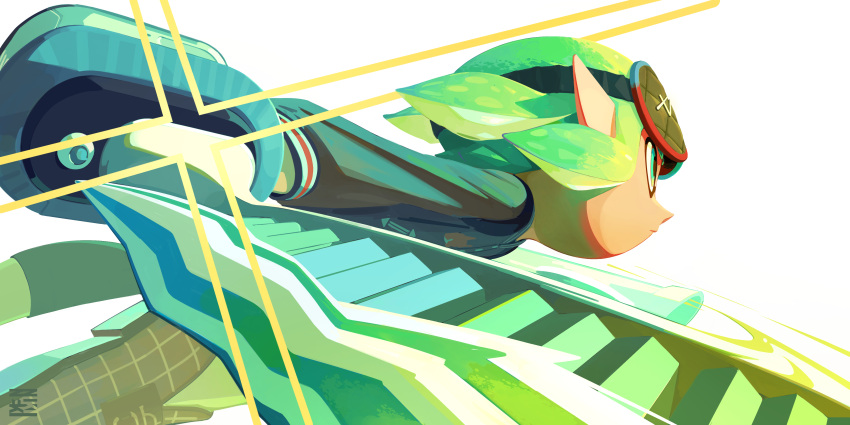 1girl, absurdres, analogous_colors, aqua_eyes, arm_at_side, artist_logo, closed_mouth, decavitator_(splatoon)