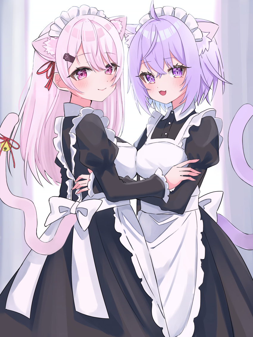 2girls, absurdres, ahoge, alternate_costume, animal_ears, apron, bell, black_dress