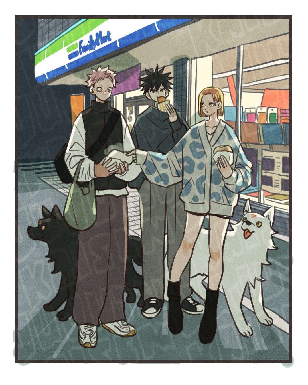 1girl, 2boys, bag, black_footwear, black_hair, black_shirt, brown_pants, cardigan