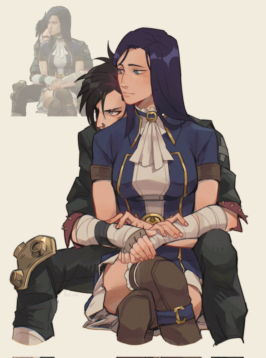 2girls, arcane:_league_of_legends, arcane_caitlyn, arcane_vi, black_hair, blue_eyes, blue_hair, breasts