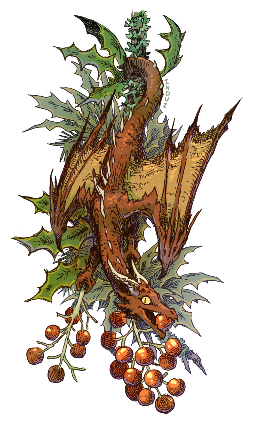 absurdres, animal_focus, berry, dragon, food_in_mouth, full_body, hatching_(texture), highres