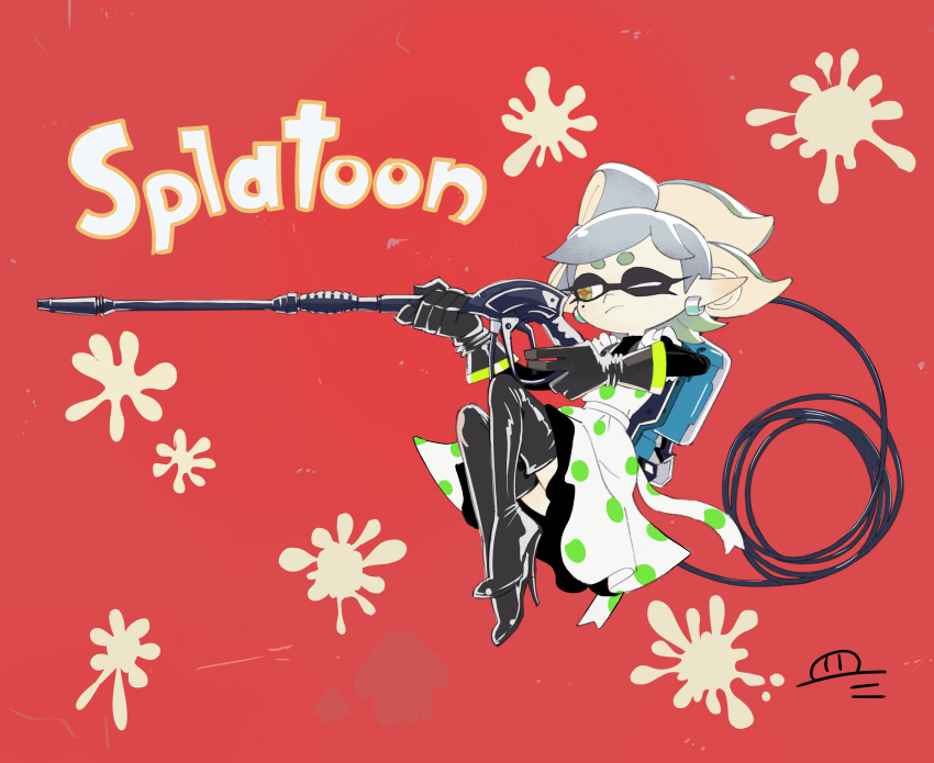 1girl, absurdres, alternate_costume, apron, black_gloves, black_hair, boots, dress, earrings, fangs, gloves, high_heel_boots, high_heels, highres, jewelry, ke_sarami, looking_at_viewer, maid, maid_apron, marie_(splatoon), one_eye_closed, polka_dot, polka_dot_apron, splatoon_(series), turtleneck, turtleneck_dress, vacuum_cleaner