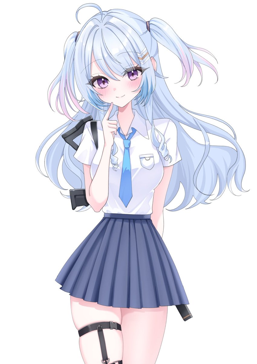 1girl, absurdres, assault_rifle, blue_necktie, blue_skirt, blush, breast_pocket, collared_shirt, gun, hair_ornament, hairpin, hashtag-only_commentary, highres, io_07, long_hair, looking_at_viewer, multicolored_hair, necktie, okamoto_nagi, pink_hair, pocket, rifle, shirt, skirt, smile, solo, streaked_hair, two_side_up, violet_eyes, virtual_youtuber, vshojo, weapon, white_shirt