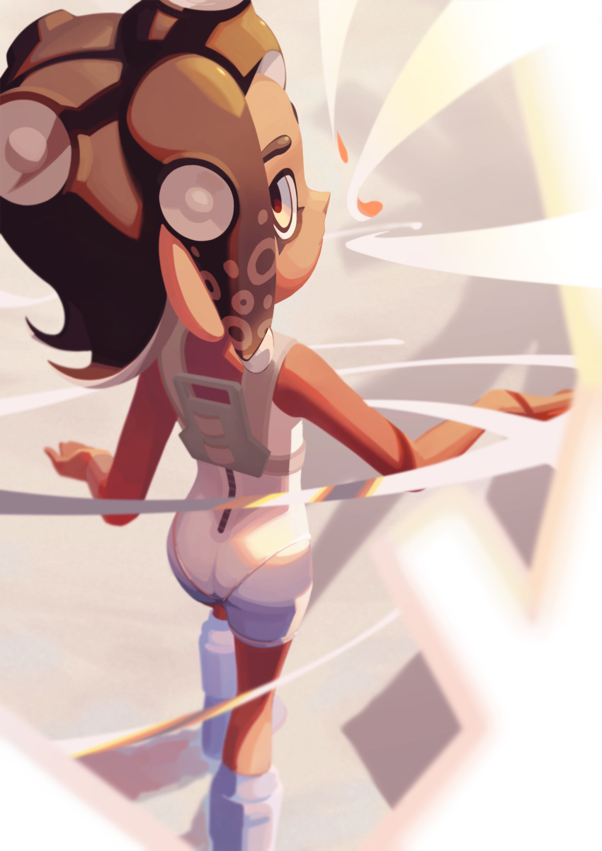 1girl, absurdres, agent_8_(splatoon), ass, bare_arms, blurry, boots, brown_hair