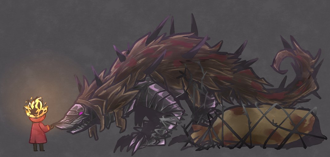 barbed_wire, black_background, black_gloves, black_pants, body_bag, brown_fur, clock, coat, dante_(limbus_company), distortion_(project_moon), fire, gloves, heathcliff_(project_moon), hiyyuc, limbus_company, object_head, pants, project_moon, red_coat, violet_eyes, wolf