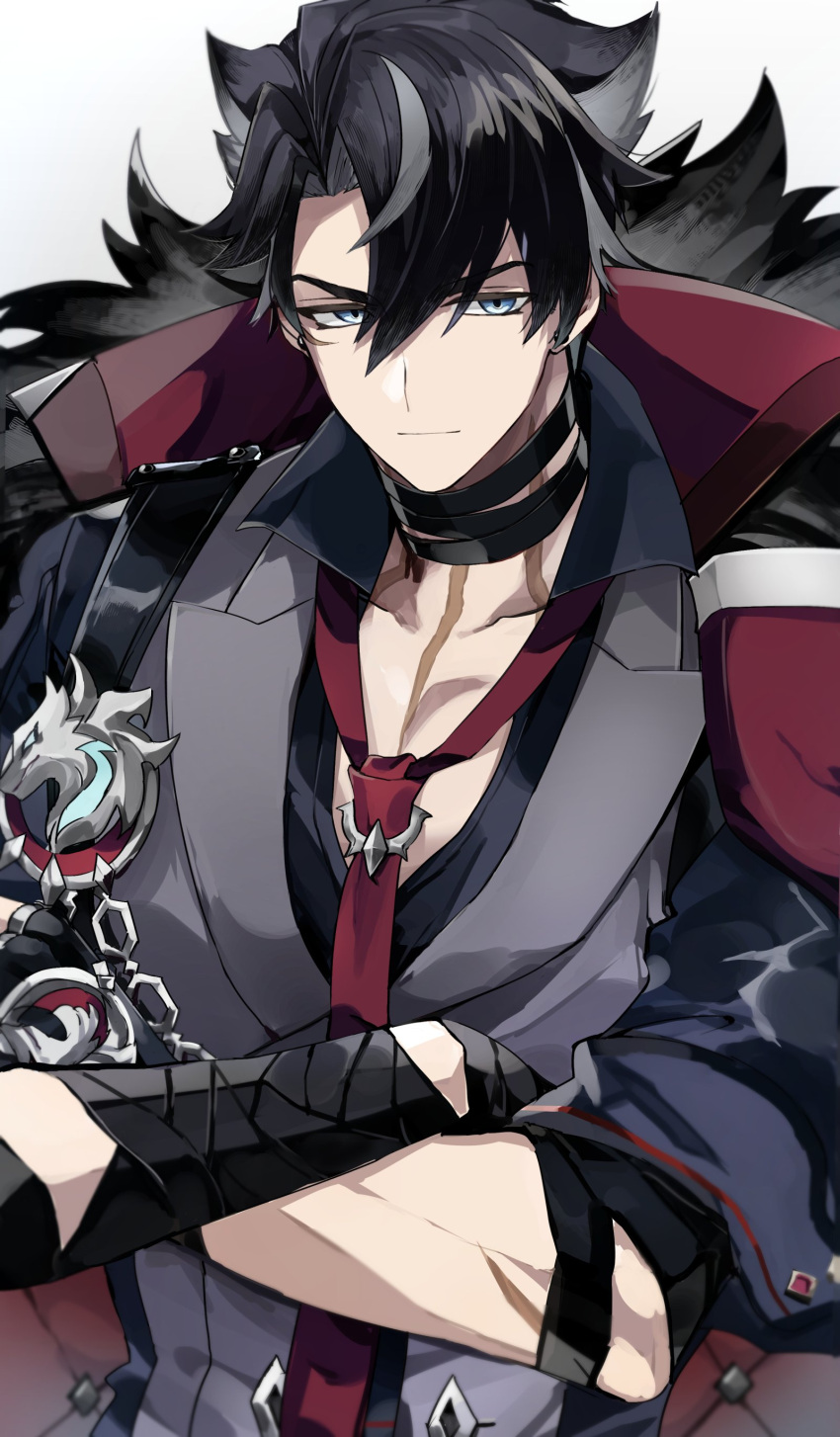 1boy, absurdres, bandaged_arm, bandaged_neck, bandages, black_gloves, black_hair, black_shirt, blue_eyes, buttons, chain, closed_mouth, coat, coat_on_shoulders, collared_shirt, commentary_request, crossed_arms, double-breasted, earrings, fingerless_gloves, fur-trimmed_coat, fur_trim, genshin_impact, gloves, grey_background, grey_hair, grey_vest, hair_between_eyes, highres, jewelry, lapels, looking_at_viewer, male_focus, multicolored_hair, parted_bangs, scar, scar_on_arm, scar_on_cheek, scar_on_face, scar_on_neck, shirt, short_hair, short_sleeves, simple_background, smile, solo, streaked_hair, stud_earrings, two-sided_coat, two-sided_fabric, upper_body, v-shaped_eyebrows, vest, wriothesley_(genshin_impact), yuu_(areruya)