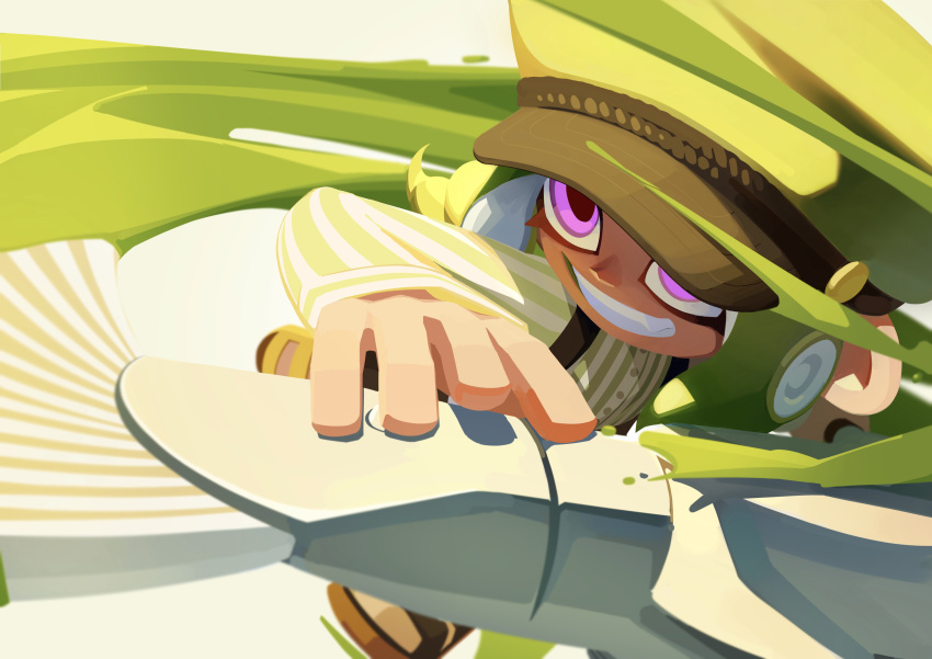 1girl, absurdres, attack_trail, black_hat, fang, foreshortening, green_hair, green_hat