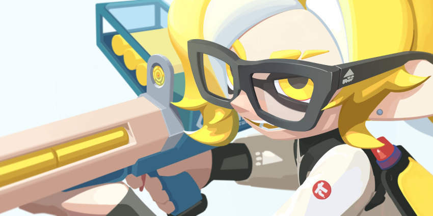 1boy, absurdres, aiming, androgynous, black-framed_eyewear, blonde_hair, close-up, colored_tongue