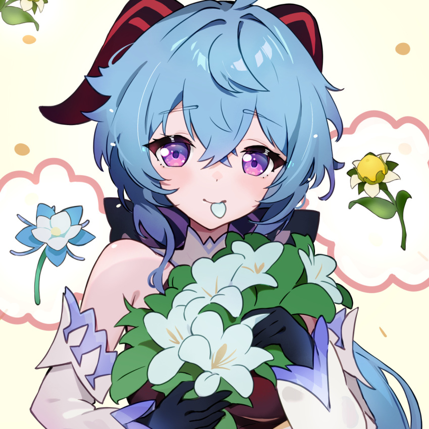 1girl, ahoge, bare_shoulders, black_gloves, blue_hair, blush, bouquet, bow, chikuzen1996, detached_sleeves, flower, ganyu_(genshin_impact), genshin_impact, gloves, highres, holding, holding_flower, horns, long_hair, looking_at_viewer, petals, qingxin_flower, sidelocks, smile, solo, upper_body, violet_eyes, white_flower, white_sleeves