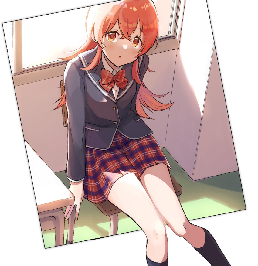 1girl, backlighting, black_socks, blazer, blush, border, bow, bowtie