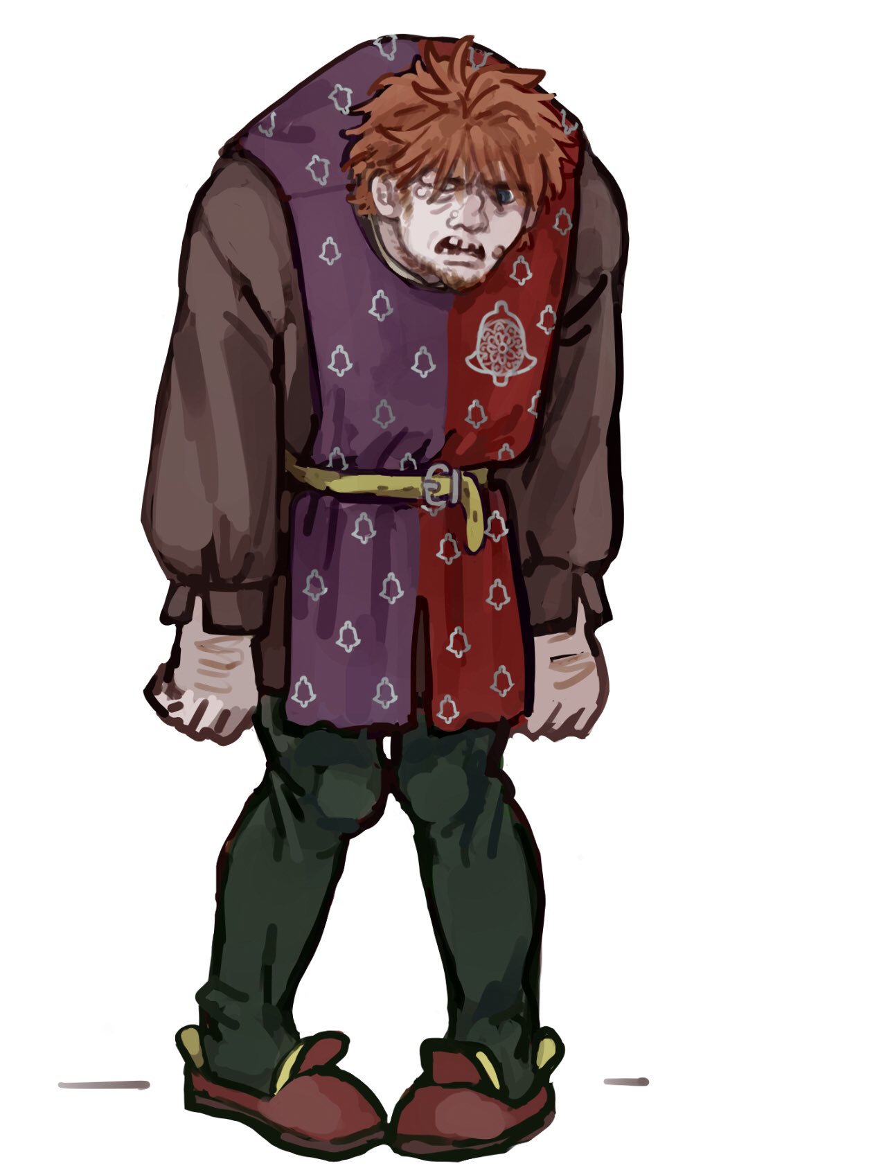 1boy, belt, belt_buckle, brown_footwear, brown_tunic, buckle, commentary, full_body