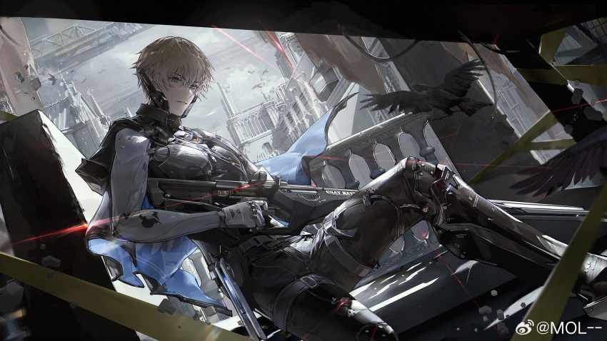 1boy, arm_out_of_sleeve, backlighting, bird, black_bird, black_bodysuit, black_jacket, blonde_hair