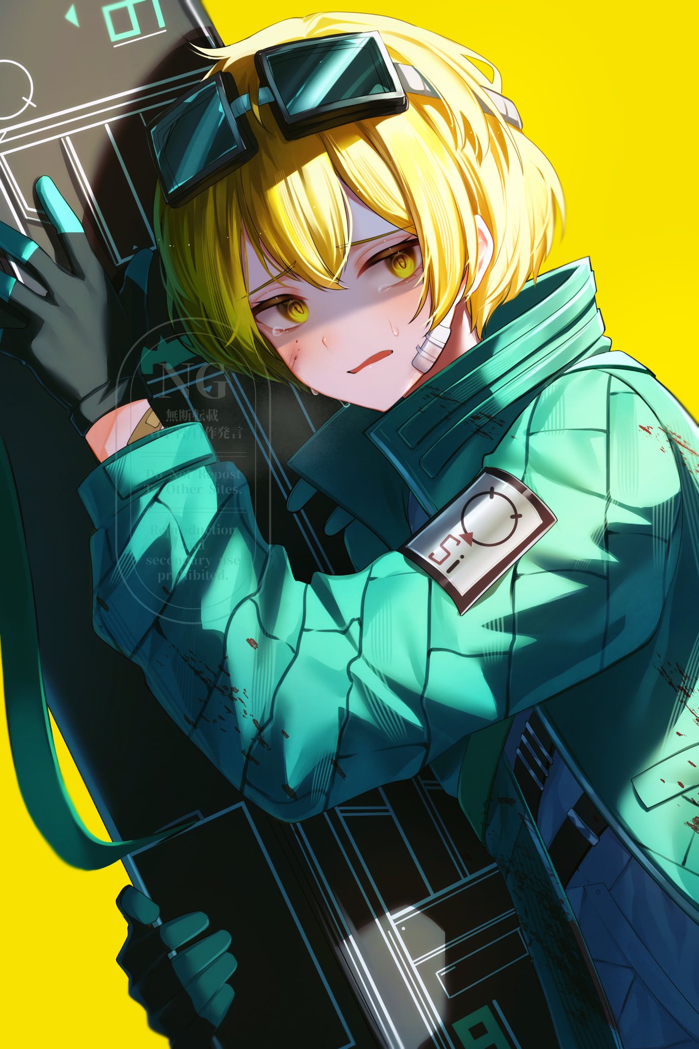 1boy, aqua_coat, bag, black_gloves, blonde_hair, coat, cowboy_shot, devyat_association_(identity)_(project_moon)